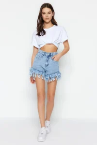 TRENDYOLMiLLA Light Blue More Sustainable Tasseled High Waist Mini Denim Shorts - Image 2