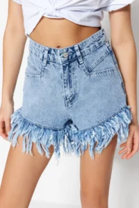 TRENDYOLMiLLA Light Blue More Sustainable Tasseled High Waist Mini Denim Shorts - Image 4