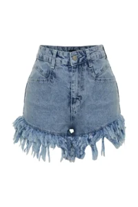 TRENDYOLMiLLA Light Blue More Sustainable Tasseled High Waist Mini Denim Shorts - Image 6