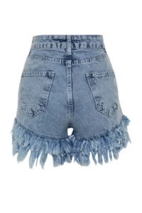 TRENDYOLMiLLA Light Blue More Sustainable Tasseled High Waist Mini Denim Shorts - Image 8