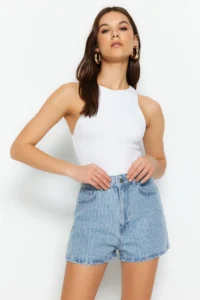 TRENDYOLMiLLA Mavi Stone High Waist Mini Denim Shorts - Image 2