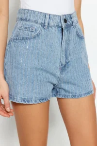 TRENDYOLMiLLA Mavi Stone High Waist Mini Denim Shorts - Image 3