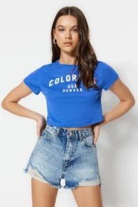 TRENDYOLMiLLA Mavi Ripped High Waist Mini denim Shorts - Image 3
