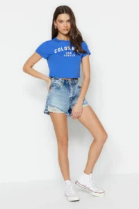 TRENDYOLMiLLA Mavi Ripped High Waist Mini denim Shorts - Image 4