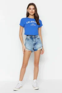 TRENDYOLMiLLA Mavi Ripped High Waist Mini denim Shorts - Image 5