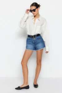 TRENDYOLMiLLA Dark Blue Ripped High Waist Mini Denim Shorts - Image 2