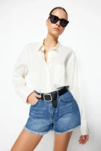TRENDYOLMiLLA Dark Blue Ripped High Waist Mini Denim Shorts - Image 3