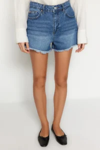 TRENDYOLMiLLA Dark Blue Ripped High Waist Mini Denim Shorts - Image 4