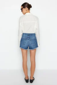 TRENDYOLMiLLA Dark Blue Ripped High Waist Mini Denim Shorts - Image 5