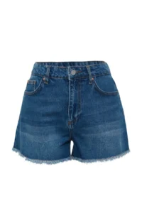 TRENDYOLMiLLA Dark Blue Ripped High Waist Mini Denim Shorts - Image 6