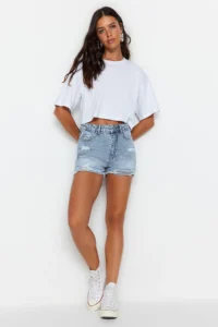 TRENDYOLMiLLA Light Blue Ripped High Waist Mini denim Shorts - Image 3