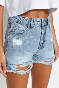 TRENDYOLMiLLA Light Blue Ripped High Waist Mini denim Shorts - Image 4