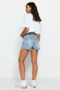 TRENDYOLMiLLA Light Blue Ripped High Waist Mini denim Shorts - Image 6