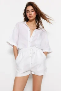 TRENDYOLMiLLA White 100% Linen Elastic Waist High Waist Shorts - Image 10