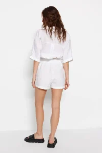 TRENDYOLMiLLA White 100% Linen Elastic Waist High Waist Shorts - Image 12