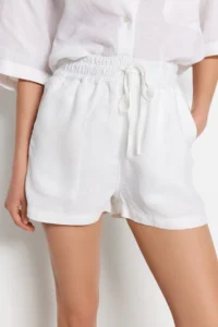 TRENDYOLMiLLA White 100% Linen Elastic Waist High Waist Shorts - Image 9