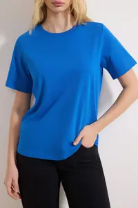 TRENDYOLMİLLA Saks Blue 100% Cotton Basic Crew Neck Knitting T-Shirt - Image 3