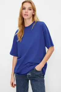 TRENDYOLMİLLA Saks Blue 100% Thick Cotton Oversized/Wide Pattern Crew Neck Knitting T-Shirt - Image 2