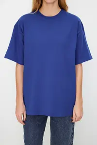 TRENDYOLMİLLA Saks Blue 100% Thick Cotton Oversized/Wide Pattern Crew Neck Knitting T-Shirt - Image 4