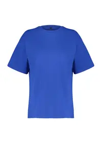 TRENDYOLMİLLA Saks Blue 100% Thick Cotton Oversized/Wide Pattern Crew Neck Knitting T-Shirt - Image 6