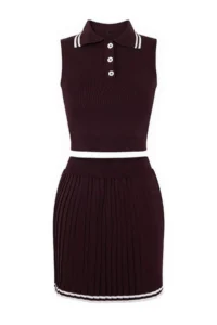TRENDYOLMİLLA Burgundy Polo Shirt Collar pleated Etekli Top and Bottom Set