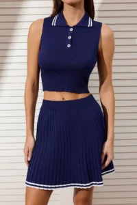 TRENDYOLMİLLA Navy Blue Polo Shirt Collar pleated Etekli Top and Bottom Set - Image 3