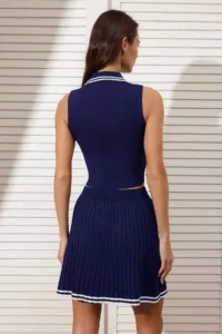 TRENDYOLMİLLA Navy Blue Polo Shirt Collar pleated Etekli Top and Bottom Set - Image 4