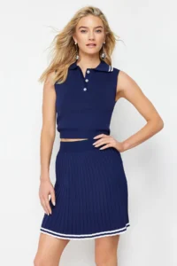TRENDYOLMİLLA Navy Blue Polo Shirt Collar pleated Etekli Top and Bottom Set - Image 6