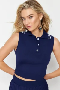 TRENDYOLMİLLA Navy Blue Polo Shirt Collar pleated Etekli Top and Bottom Set - Image 7