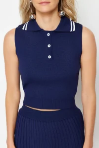 TRENDYOLMİLLA Navy Blue Polo Shirt Collar pleated Etekli Top and Bottom Set - Image 8