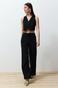 TRENDYOLMİLLA Black buttoned V-neck Wide Leg Knitting Vest/Pants Top and Bottom Set - Image 2
