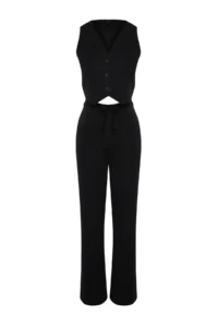 TRENDYOLMİLLA Black buttoned V-neck Wide Leg Knitting Vest/Pants Top and Bottom Set - Image 7
