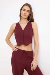 TRENDYOLMİLLA Burgundy buttoned V-neck Wide Leg Knitting Vest/Pants Top and Bottom Set - Image 2