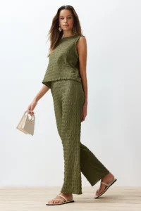 TRENDYOLMİLLA Khaki textured Regular/Normal Pattern Zero Sleeve Flexible Knitting Blouse Pants Top and Bottom Set