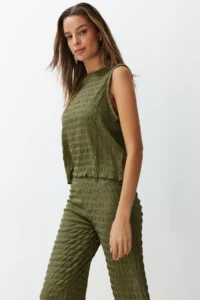 TRENDYOLMİLLA Khaki textured Regular/Normal Pattern Zero Sleeve Flexible Knitting Blouse Pants Top and Bottom Set - Image 3