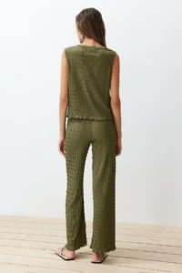 TRENDYOLMİLLA Khaki textured Regular/Normal Pattern Zero Sleeve Flexible Knitting Blouse Pants Top and Bottom Set - Image 6