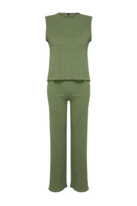 TRENDYOLMİLLA Khaki textured Regular/Normal Pattern Zero Sleeve Flexible Knitting Blouse Pants Top and Bottom Set - Image 7