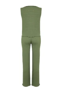 TRENDYOLMİLLA Khaki textured Regular/Normal Pattern Zero Sleeve Flexible Knitting Blouse Pants Top and Bottom Set - Image 8