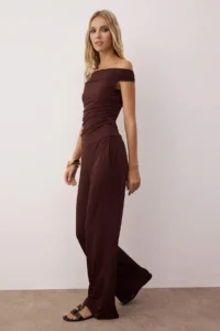TRENDYOLMİLLA Brown Carmen Collar Flexible Knitting Blouse/Pants Top and Bottom Set