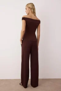 TRENDYOLMİLLA Brown Carmen Collar Flexible Knitting Blouse/Pants Top and Bottom Set - Image 4