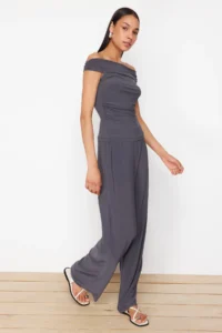 TRENDYOLMİLLA Anthracite Carmen Collar Flexible Knitting Blouse/Pants Top and Bottom Set