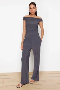 TRENDYOLMİLLA Anthracite Carmen Collar Flexible Knitting Blouse/Pants Top and Bottom Set - Image 2