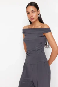 TRENDYOLMİLLA Anthracite Carmen Collar Flexible Knitting Blouse/Pants Top and Bottom Set - Image 3