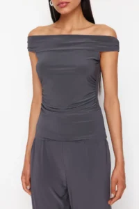 TRENDYOLMİLLA Anthracite Carmen Collar Flexible Knitting Blouse/Pants Top and Bottom Set - Image 4