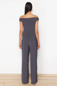 TRENDYOLMİLLA Anthracite Carmen Collar Flexible Knitting Blouse/Pants Top and Bottom Set - Image 6