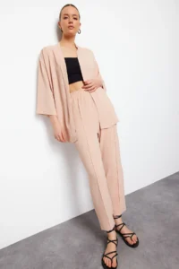 TRENDYOLMİLLA Stone Weaving Kimono-Pants Set