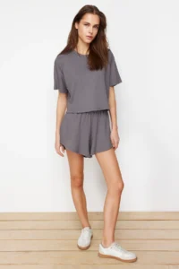 TRENDYOLMİLLA Anthracite Soft Touch T-Shirt and Shorts Knitting Top and Bottom Set - Image 2