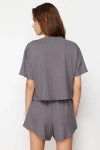 TRENDYOLMİLLA Anthracite Soft Touch T-Shirt and Shorts Knitting Top and Bottom Set - Image 6