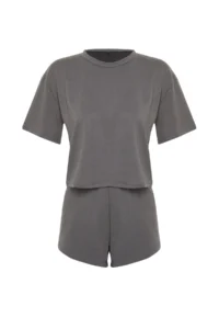 TRENDYOLMİLLA Anthracite Soft Touch T-Shirt and Shorts Knitting Top and Bottom Set - Image 7
