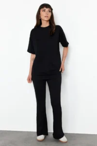 TRENDYOLMİLLA Black 100% Cotton Oversized Pattern flared leg Knitting T-Shirt/Pants Top and Bottom Set